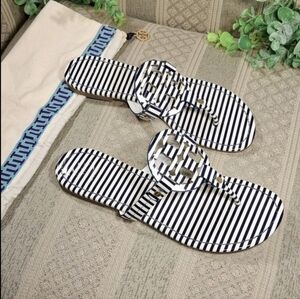 Tory Burch Miller Stripe Patent Leather Sandals In Black & White